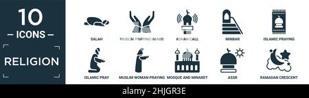 ensemble d'icônes de religion remplies. contient salah plat, mains de prière musulmanes, appel d'adhan, minbar, tapis de prière islamique,prière islamique, femme musulmane priant, mo Illustration de Vecteur