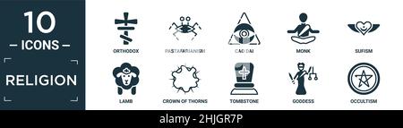 ensemble d'icônes de religion remplies. contiennent plat orthodoxe, pastafarisme, cao dai, moine, soufisme,agneau, couronne d'épines, tombe, déesse, icônes de l'occultisme Illustration de Vecteur