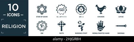 ensemble d'icônes de religion remplies. contient étoile plate de david, mot allah, qibla, poulet, lotus,om, foi, personnel bourgeonnant, main peinte au henné, icônes shehnai i Illustration de Vecteur