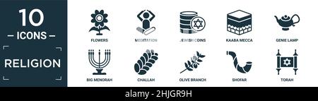 ensemble de fleurs plates, méditation, pièces juives, kaaba mecca, lampe de génie,grande menorah, challah, branche d'olive, shofar, torah i Illustration de Vecteur