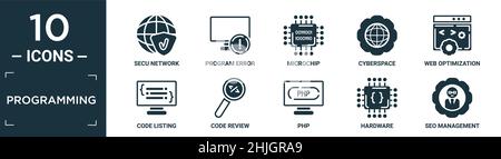 jeu d'icônes de programmation rempli. contient un réseau de secu plat, erreur de programme, micropuce, cyberespace, optimisation web,liste de codes, revue de codes, php, hardwa Illustration de Vecteur