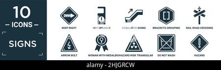 ensemble d'icônes de signalisation rempli. contient plat garder à droite, perturbation, escalier roulant descendant, regroupement de supports, croisement de chemin de fer, boulon de flèche, femme avec Illustration de Vecteur