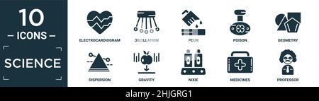 jeu d'icônes scientifiques remplies. contient un électrocardiogramme plat, oscillation, verser, poison, géométrie,dispersion, gravité, nixie, médicaments, icônes de professeur i Illustration de Vecteur