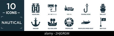 ensemble d'icônes marines remplies. contient un aqualug plat, un masque de plongée, un bateau, un crochet de pêche, un ballast,ancre, vieux galléon, hélice, bateau à vitesse sans toit, mer Illustration de Vecteur