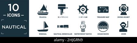 jeu d'icônes marines remplies. contient du feloucca plat, moteur de bateau, barre de bateau, carte du trésor, casque de plongée,voile, monoculaire nautique, montre résistant à l'eau, Illustration de Vecteur