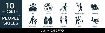 ensemble d'icônes de compétences de personnes remplies. contient dj plat, formes, voyageur, joueur de tennis, bien-être,menuisier, grandes jumelles, empathie, pêcheur, plongeur icônes dans Illustration de Vecteur