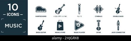 jeu d'icônes de musique plein. contient clavecin plat, guitare acoustique, flûte, cymbales, contrebasse,guitare basse, magasin de musique, lecteur de musique, sitar, jack con Illustration de Vecteur