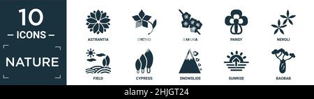 ensemble d'icônes nature remplies. contient astrantia plat, orchidée, sakura, pansy, neroli,icônes de champ, de cyprès, de glissement de neige, de lever du soleil, de baobab au format modifiable. Illustration de Vecteur