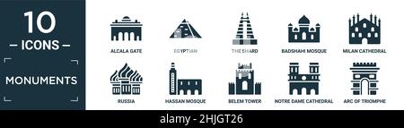 ensemble d'icônes de monuments remplis. contiennent plat alcala porte, égyptien, le shard, mosquée de badshahi, cathédrale de milan,russie, mosquée hassan, tour belem, notre Illustration de Vecteur