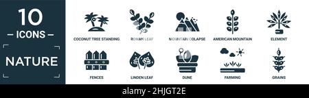 ensemble d'icônes nature remplies. contient un arbre de noix de coco plat debout, feuille de rowan, colapse de montagne, frêne de montagne américain, élément,clôtures, feuille de tilleul, dune, f Illustration de Vecteur