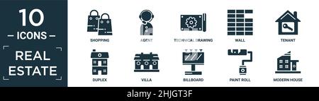 ensemble d'icônes immobilières remplies. contient des achats à plat, un agent, un dessin technique, un mur, un locataire,duplex, villa, panneau d'affichage, rouleau de peinture, icônes de maison moderne i Illustration de Vecteur