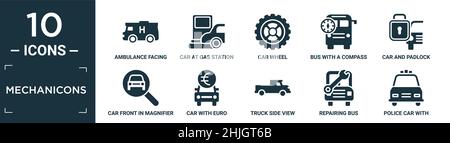 ensemble d'icônes de mécanicons remplis. contiennent une ambulance plate orientée vers la gauche, voiture à la station-service, roue de voiture, bus avec un compas, voiture et cadenas, avant dans la maxifie Illustration de Vecteur