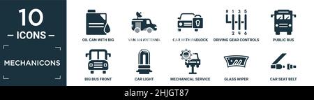 ensemble d'icônes de mécanicons remplies. contiennent une boîte à huile plate avec grande goutte, une antenne de fourgon, une voiture avec cadenas, commandes de vitesse de conduite, bus public,grand bus devant, c Illustration de Vecteur