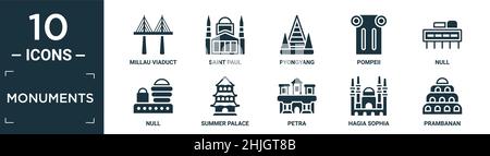 ensemble d'icônes de monuments remplis contenant le viaduc plat millau, saint paul, pyongyang, pompéi, nul,null, palais d'été, petra, sainte-sophie, icône de prambanan Illustration de Vecteur