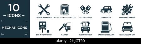 jeu d'icônes de mécanicones remplies. contient des clés de réparation plates, réservoir d'eau pour véhicules, pistons en croix, petite voiture, mécanisme de réparation, bus en réparation,voiture Illustration de Vecteur