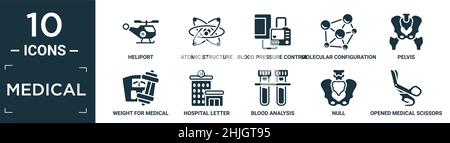 jeu d'icônes médicales rempli. contient un héliport plat, une structure atomique, un outil de contrôle de la pression artérielle, une configuration moléculaire, un bassin, un poids pour la spo médicale Illustration de Vecteur