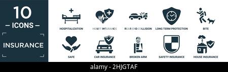 jeu d'icônes d'assurance remplies. contient hospitalisation à plat, assurance cardiaque, collision arrière, protection à long terme, morsure,coffre-fort, assurance voiture, cassé Illustration de Vecteur