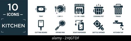 ensemble d'icônes de cuisine rempli contenant un plateau plat, un dîner, un lave-vaisselle, un pot de cuisson, des déchets,planche à découper, poêle, distributeur de savon, ouvre-bouteille, cuisine Illustration de Vecteur