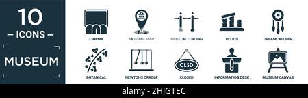 ensemble d'icônes de musée. contient un cinéma plat, une carte de musée, une clôture de musée, des reliques, dreamcatcher,botanique, berceau de newtons, fermé, bureau d'information, env Illustration de Vecteur