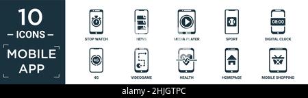 ensemble d'icônes d'application mobile rempli. contient montre à cadran plat, actualités, lecteur multimédia, sport, horloge numérique,4g, jeux vidéo, santé, page d'accueil, icônes de shopping mobile Illustration de Vecteur