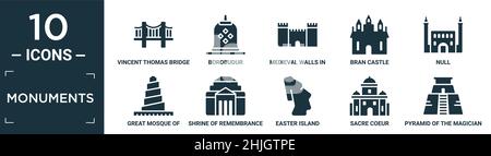 ensemble d'icônes de monuments remplis. contiennent le pont plat vincent thomas, borobudur, les murs médiévaux à avila, le château de son, nul, grande mosquée de samarra, sanctuaire Illustration de Vecteur