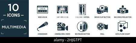 ensemble d'icônes multimédia remplies. contient une connexion web à plat, le partage de données, le contrôle du volume, le bouton de clip vidéo, le projecteur vidéo grand format,condensateur, bobine de cinéma vide Illustration de Vecteur