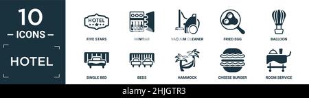 ensemble d'icônes d'hôtel rempli. contient cinq étoiles plates, minibar, aspirateur, œuf frit, ballon,lit simple, lits, hamac, hamburger au fromage, service d'étage ic Illustration de Vecteur