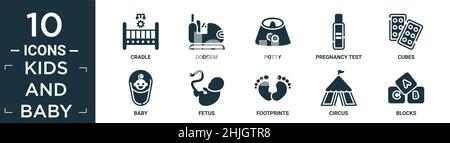 ensemble rempli d'icônes pour enfants et bébés. contient un berceau plat, un bijou, un pot, un test de grossesse, des cubes,bébé, fœtus, empreintes de pas, cirque, bloque les icônes dans éditable fo Illustration de Vecteur