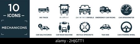 ensemble d'icônes de mécanicons remplies. contiennent un grand camion plat, un bus avant, une voiture avec roues dentées, une voiture de secours face à droite, un compteur de vitesse de voiture, vente en euros, lavage m. Illustration de Vecteur