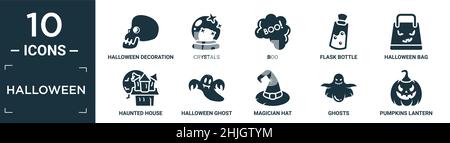 ensemble d'icônes d'halloween remplies. contient une décoration d'halloween plate, des cristaux, un panier, une bouteille de flacon, un sac d'halloween,maison hantée, fantôme, chapeau magicien, fantômes, Illustration de Vecteur
