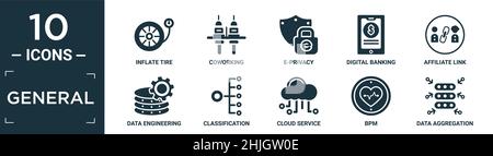 ensemble d'icônes générales remplies. contient pneu à plat, coworking, e-privacy, banque numérique, lien d'affiliation,ingénierie des données, classification, cloud ser Illustration de Vecteur