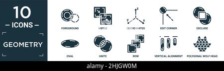 ensemble d'icônes de géométrie remplie. contient un premier plan plat, fusionner, coordonnées, éditer le coin, exclure,ovale, unis, rangée, alignement vertical, tête de loup polygonale Illustration de Vecteur