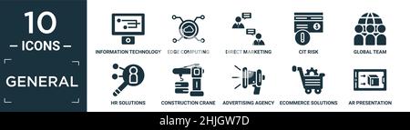 jeu d'icônes général rempli. contient des technologies de l'information plates, de l'informatique de pointe, du marketing direct, des risques de cit, une équipe internationale,solutions rh, construction cran Illustration de Vecteur