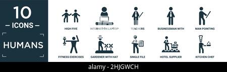 ensemble d'icônes d'humains rempli. contiennent plat haut cinq, internet sur ordinateur portable, enseignants, homme d'affaires avec cravate, pointage d'homme, exercices de fitness,jardinier Illustration de Vecteur
