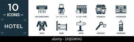 ensemble d'icônes d'hôtel rempli. contient air conditionné à plat, bagages à gauche, réservation, sandwich, salle de contrôle,costumes, lits superposés, hôtel, clé de chambre, icônes de bouton de porte dans e Illustration de Vecteur