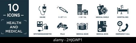 kit d'icônes médicales et de santé remplies. contient une solution saline plate, injection, hôpital, écran médical, lit d'hôpital,sphygmomanomètre, pilules, masque médical, médicament Illustration de Vecteur