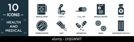 ensemble rempli d'icônes médicales et de santé. contient un livre médical plat, muscle, tapis de yoga, rapport médical, sirop,spermatozoïde, sel, antibiotiques, anneaux, contre Illustration de Vecteur