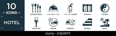 ensemble d'icônes d'hôtel rempli contenant des ustensiles plats, un plateau de restaurant, un extincteur, un ascenseur, un yin yang,verre à vin, parking, service 24 h/24, escalier Illustration de Vecteur
