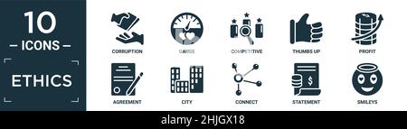 jeu d'icônes d'éthique remplies. contiennent la corruption plate, jauge, concurrence, pouce vers le haut, profit,icônes de contrat, ville, connexion, relevé, smileys modifiables Illustration de Vecteur