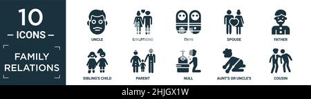 ensemble d'icônes de relations familiales rempli. contient oncle plat, petite amie, jumeau, conjoint, père,enfant du frère ou de la sœur, parent, nul, enfant de la tante ou de l'oncle, cousin Illustration de Vecteur