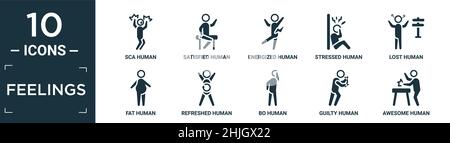 ensemble d'icônes de sentiments remplis. contiennent sca plat humain, humain satisfait, humain sous tension, graisse perdue stressée rafraîchi bo commet icônes impressionnantes dans éditable fo Illustration de Vecteur