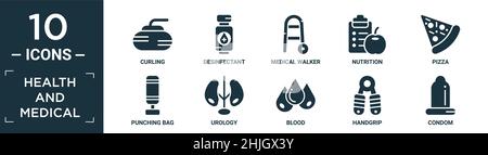 ensemble d'icônes santé et médicales rempli. contient un curling plat, un agent de désinfectant, un marcheur médical, une alimentation, une pizza,sac de perforation, urologie, sang, poignée, cond Illustration de Vecteur