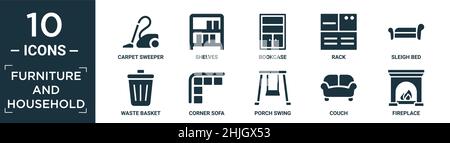 ensemble de meubles remplis et d'icônes pour le ménage. contient un balai de tapis plat, des étagères, une bibliothèque, un rack, un lit bateau,corbeille à déchets, canapé d'angle, balançoire à porche, cou Illustration de Vecteur