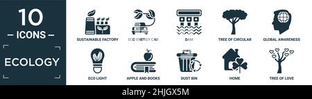 ensemble d'icônes écologiques remplies. contient usine durable plate, voiture écoénergétique, barrage, arbre de feuillage circulaire, sensibilisation mondiale, lumière écologique, pomme et livres Illustration de Vecteur