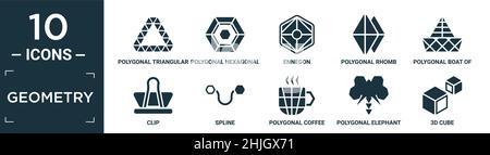 ensemble d'icônes de géométrie remplie. contient un recyclage triangulaire polygonal plat, un hexagonal polygonal, un ennégon, une losange polygonale, un bateau de petits triangles, un clip, une spl Illustration de Vecteur