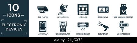 jeu d'icônes d'appareils électroniques rempli. contient lecteur dvd plat, parabole satellite, plaque chauffante, micro-ondes, adaptateur sans fil usb,mousetrap, réchauffeur de kérosène, a Illustration de Vecteur