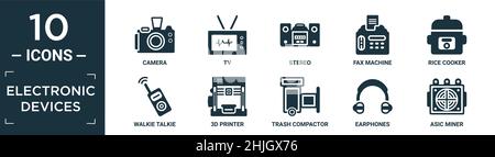 jeu d'icônes de dispositifs électroniques rempli. contient appareil photo plat, tv, chaîne stéréo, télécopieur, cuiseur à riz,talkie-walkie, imprimante 3d, compacteur de déchets, écouteurs, Illustration de Vecteur