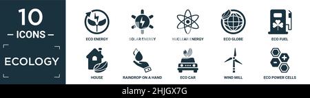 jeu d'icônes écologiques remplies. contiennent de l'énergie écologique plate, de l'énergie solaire, de l'énergie nucléaire, du globe écologique, du carburant écologique,maison, raindrop sur une main, voiture, moulin à vent, énergie Illustration de Vecteur