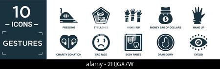 jeu d'icônes de gestes remplis. contiennent le pressage plat, cils, mains vers le haut, sac d'argent de dollars, main vers le haut, don de charité, visage triste, parties du corps,faites glisser vers le bas Illustration de Vecteur