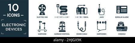 jeu d'icônes d'appareils électroniques rempli. contient un ventilateur électrique plat, une couverture électrique, un taille-crayon électrique, un cric, une alarme antivol,écouteur, cache Illustration de Vecteur